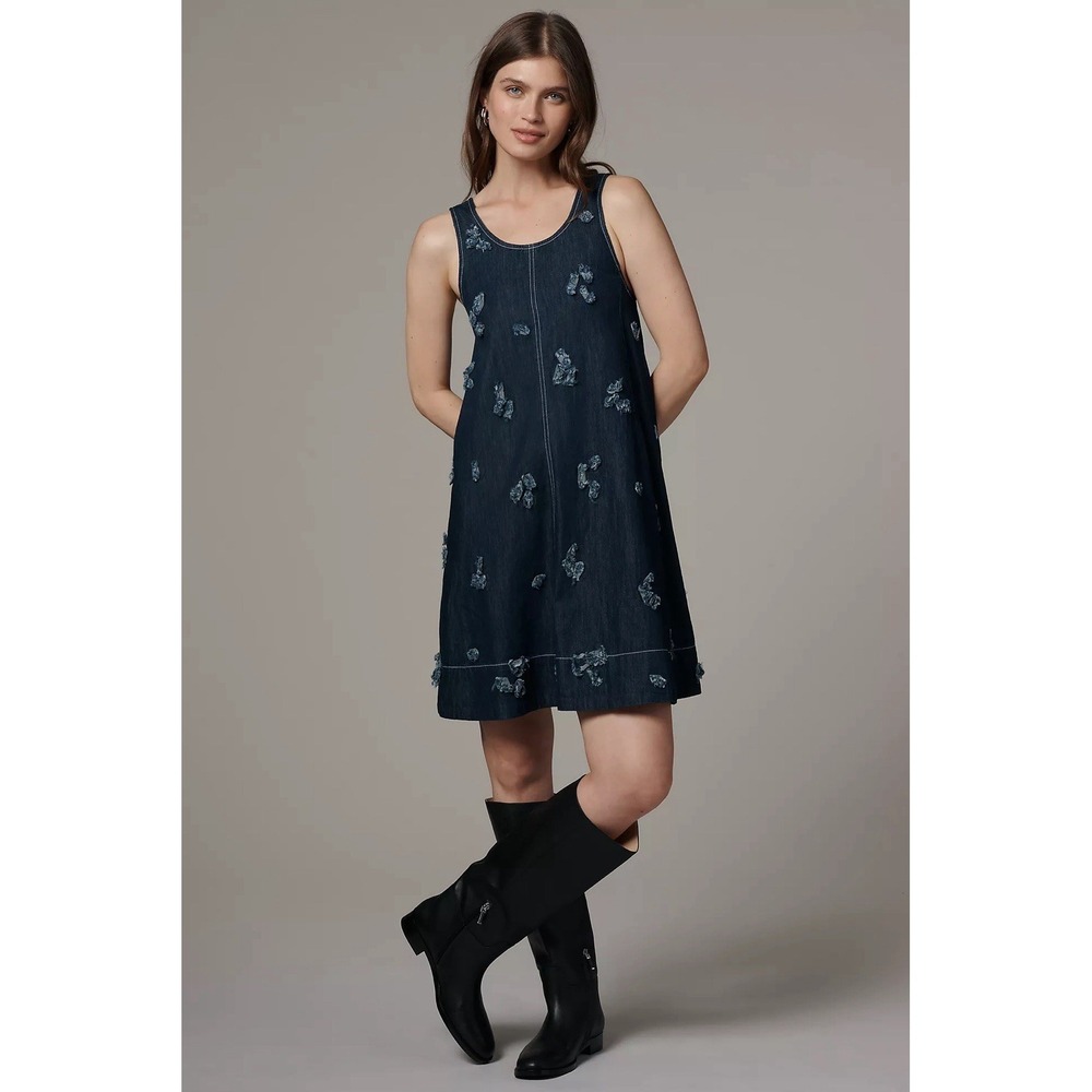 NWT Anthropologie Maeve The Keiko Embroidered Blue‎ Denim A-Line Mini Dress XS